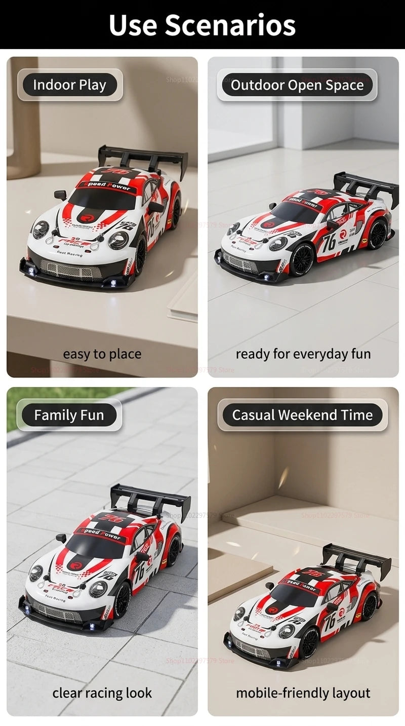 RC drift cars for kids showcased in various use scenarios, perfect for indoor play, family fun, and outdoor excitement.