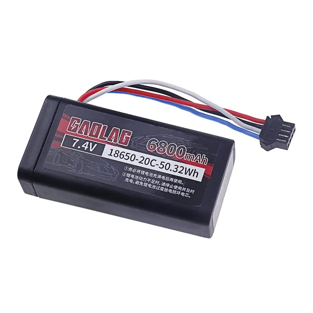 18650 Li-ion Battery 7.4V 6800mAh showcasing product specifications and available connectors.