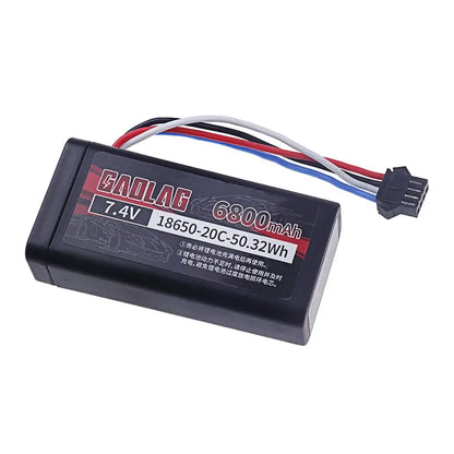 18650 Li-ion Battery 7.4V 6800mAh showcasing product specifications and available connectors.