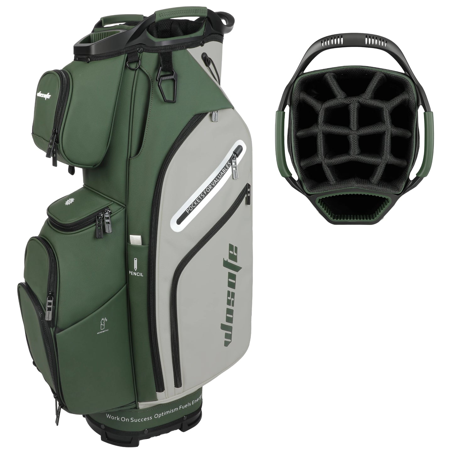 Lightweight Men Women Golf Bag in green and gray with adjustable straps and organized compartments.