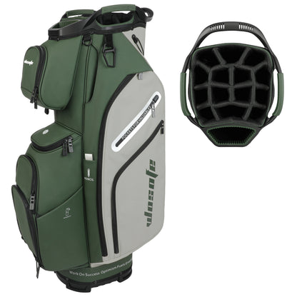 Lightweight Men Women Golf Bag in green and gray with adjustable straps and organized compartments.