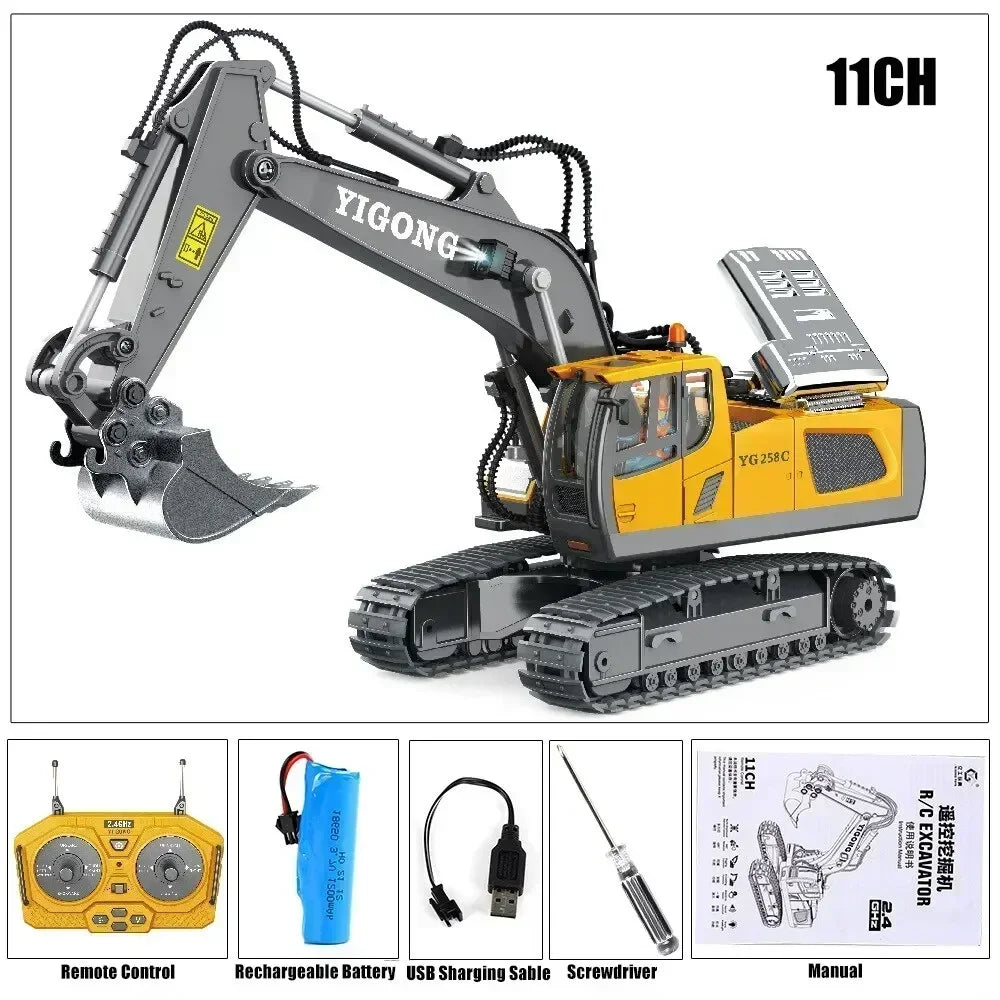 remote control excavator dump truck with remote control and accessories displayed on a white background