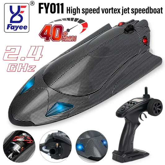 Turbojet Speedboat 40KMh FAYEE FY011 2.4G high-speed jet speedboat with controller and sleek design.