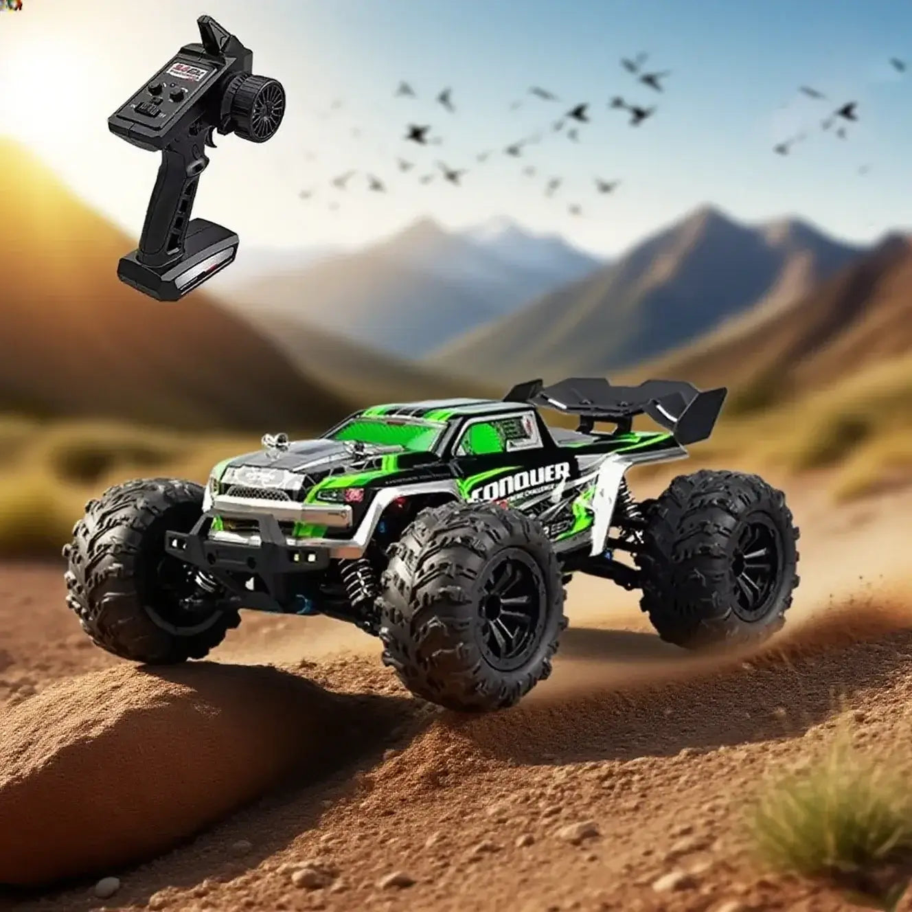 Large RC Cars speeding through rugged terrain with remote control in the background.