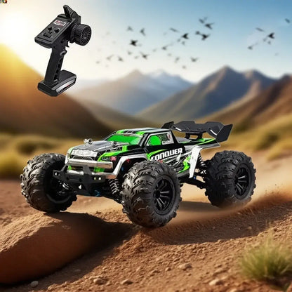 Large RC Cars speeding through rugged terrain with remote control in the background.