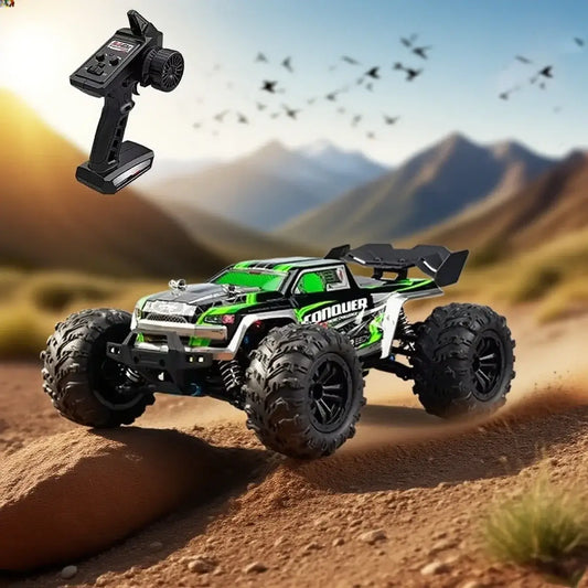 Large RC Cars speeding through rugged terrain with remote control in the background.