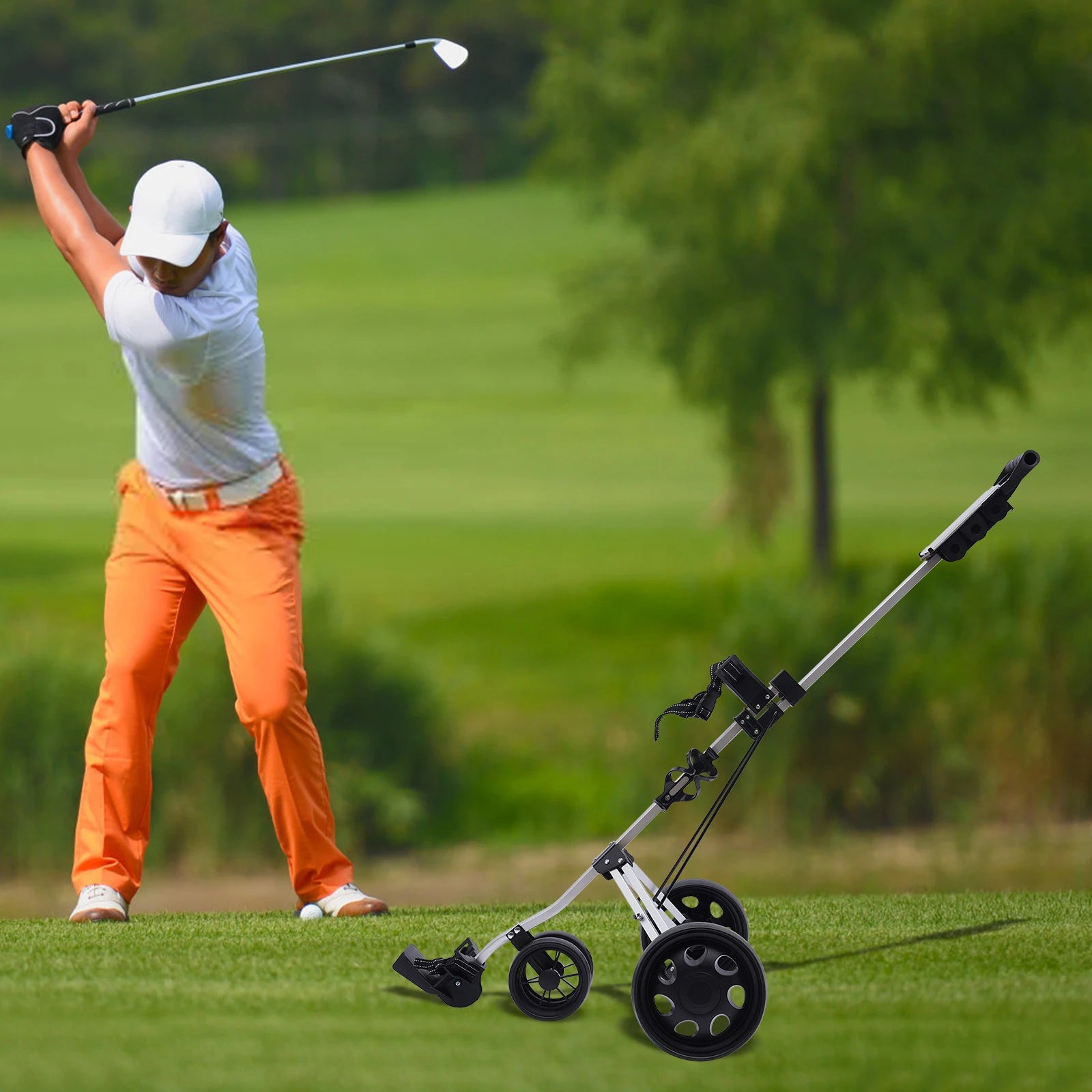 Sportsman Specialty Products 3 Wheel Golf Push Cart Foldable Collapsible Lightweight Pushcart