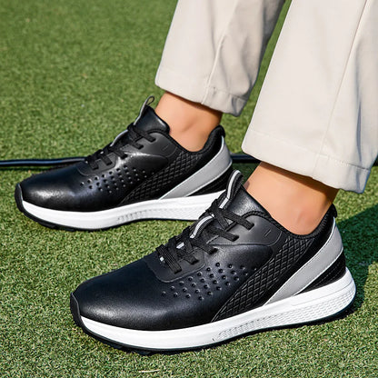 unisex waterproof golf shoes in black and white, showcasing lightweight and casual design for comfortable outdoor wear.
