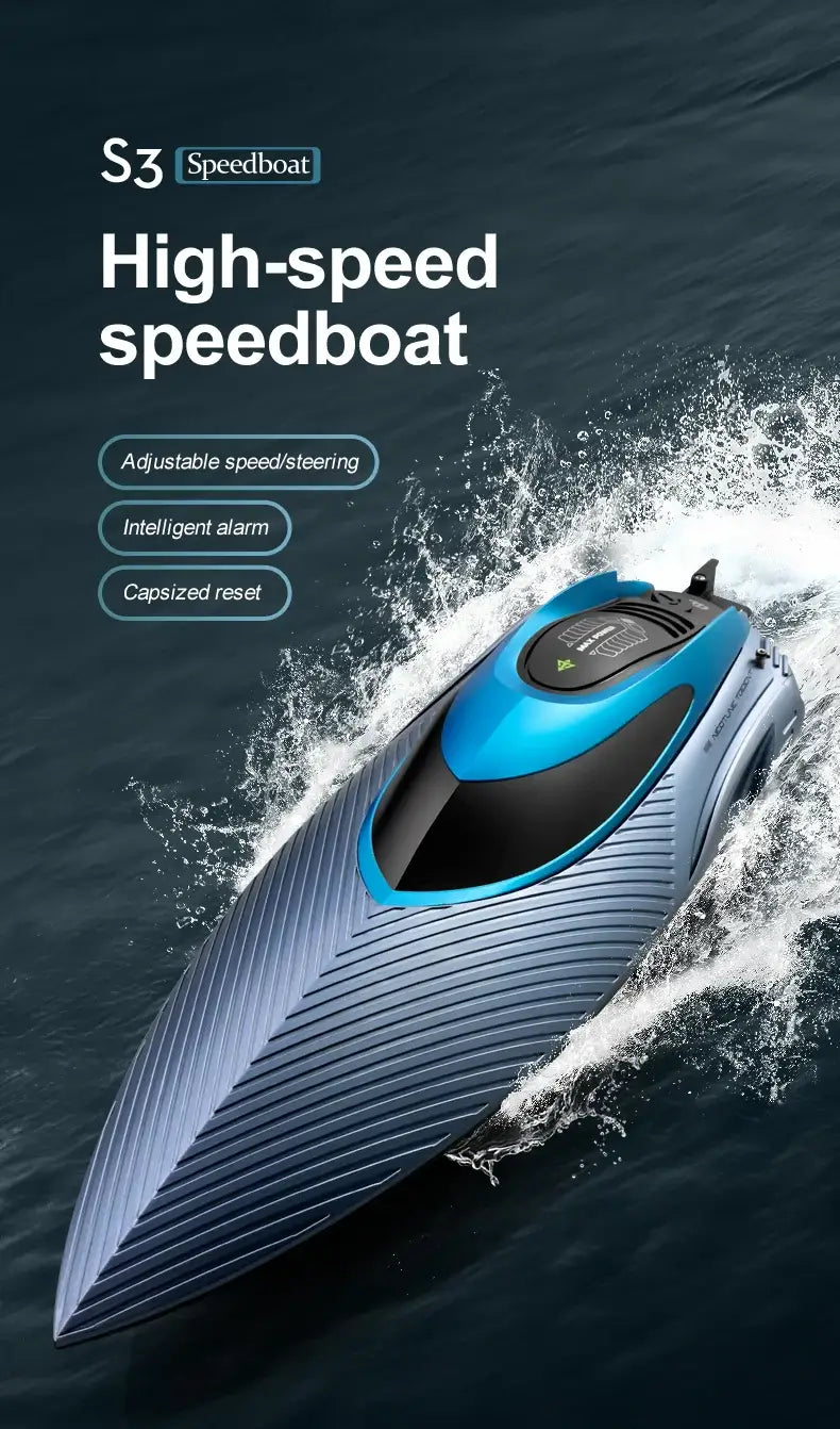 S3 Remote Control Boat speeding through water with features like adjustable speed steering and intelligent alarm.