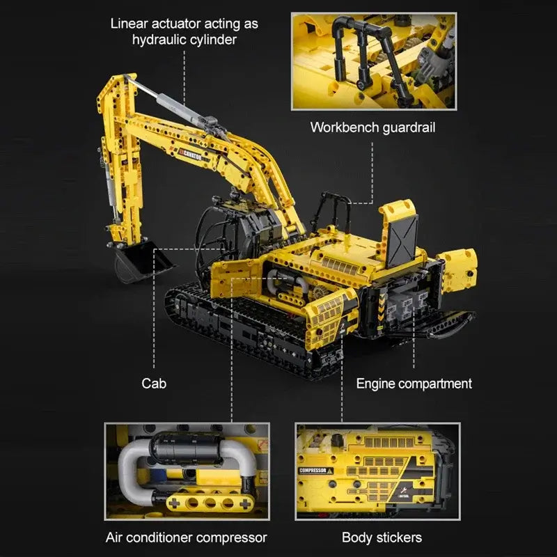 Detailed view of an RC Excavator model with features labeled, showcasing its engineering design and build elements.