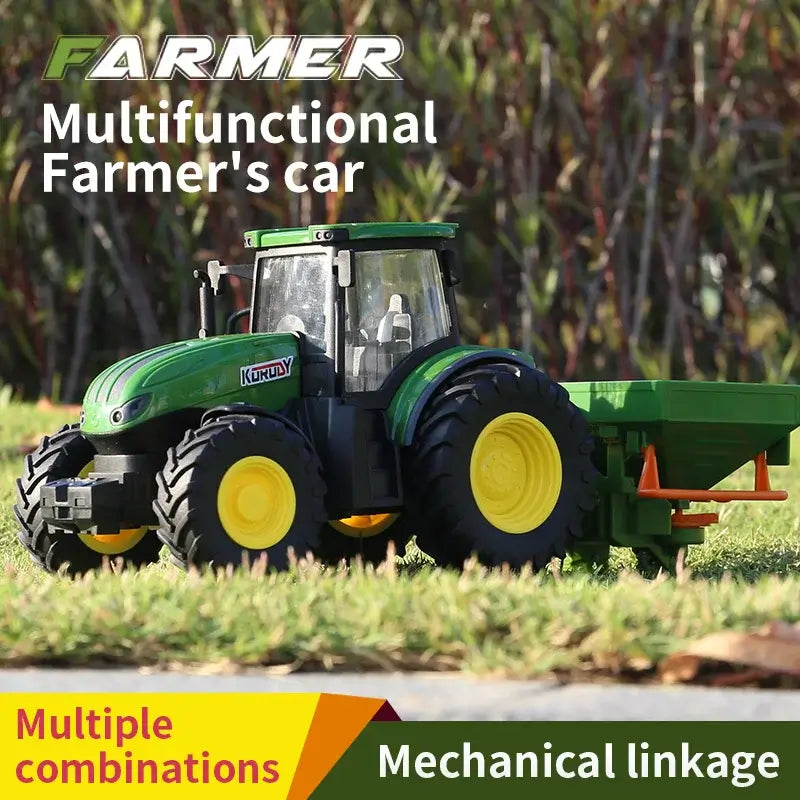 Remote Control Tractor showcased with a multifunctional farmer's car and mechanical linkage features.
