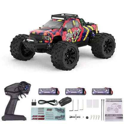 Lithium Battery RC Truck with remote control, batteries, and accessories in colorful design for off-road adventures.