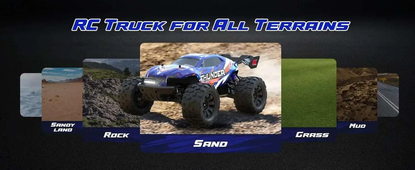 Lithium Battery RC Truck for all terrains including sandy land, rock, grass, and mud.