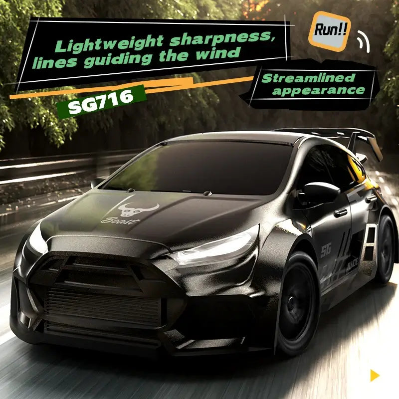 Drifting Racing RC Car in sleek black design with aerodynamic features and 4WD capabilities