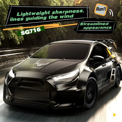 Drifting Racing RC Car in sleek black design with aerodynamic features and 4WD capabilities