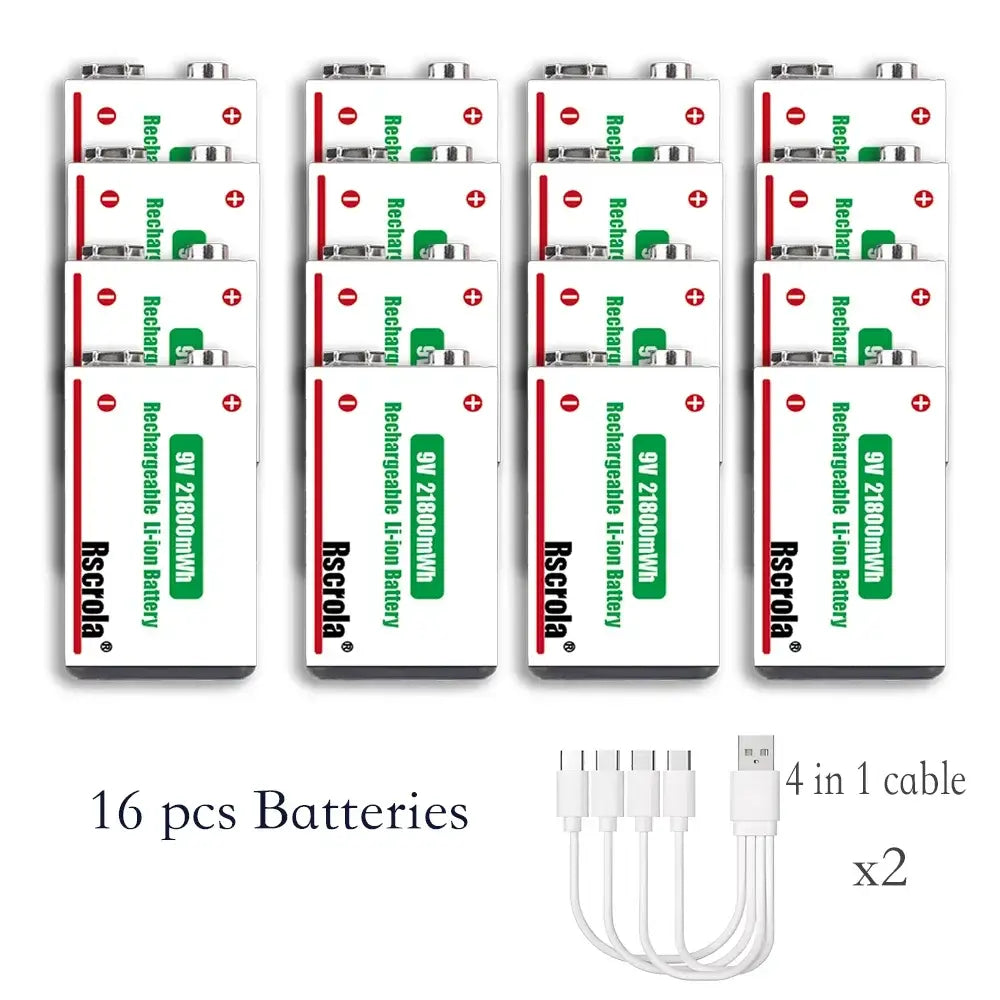 Rscrola 21800mWh 9V Lithium Rechargeable Battery with Type-C cable for various devices
