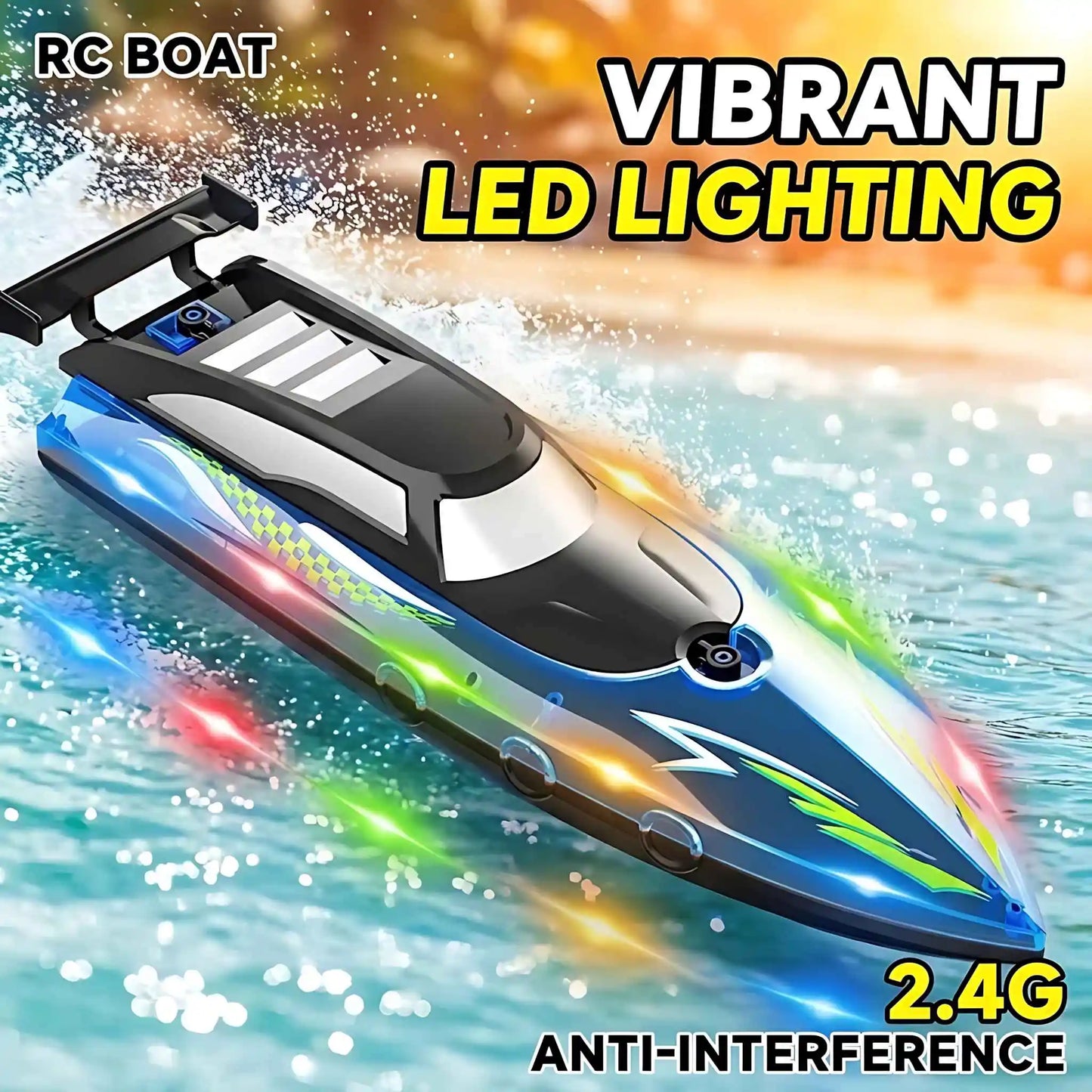 High speed remote control boat with vibrant LED lighting for thrilling water adventures.