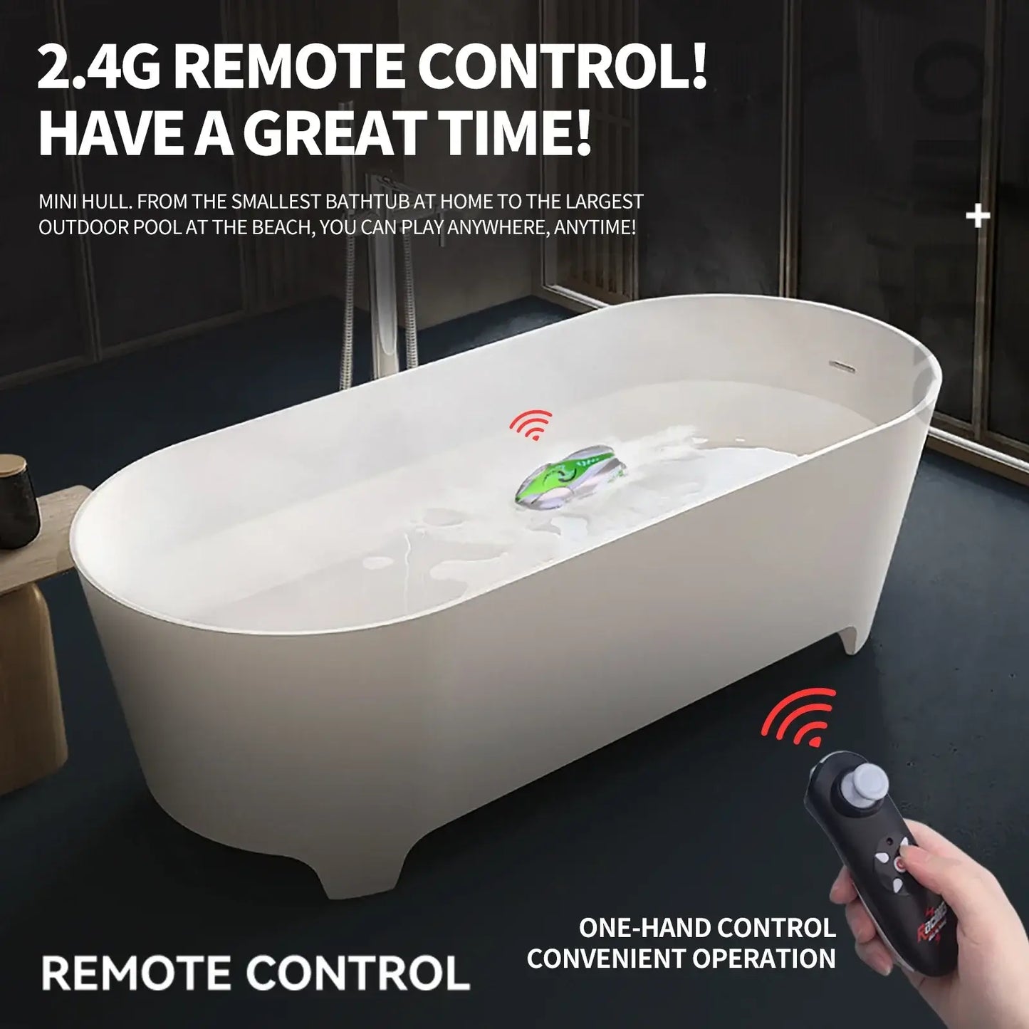 Mini Portable Electric Rc Boat operating in a bathtub with remote control, showcasing high-speed fun anywhere.