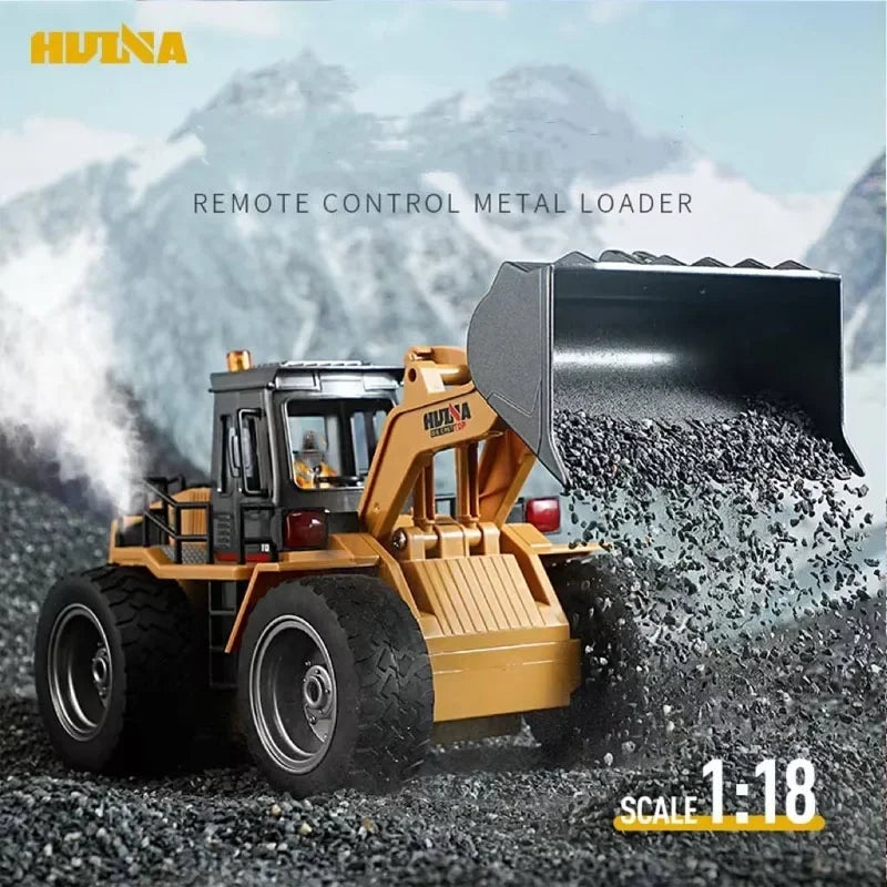 HUINA 1560 RC bulldozer remote control metal loader toy with detailed bucket in 1/18 scale.
