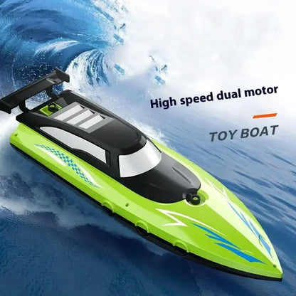 RC Battery Boat racing on waves with high speed dual motor, showcasing its vibrant green design.