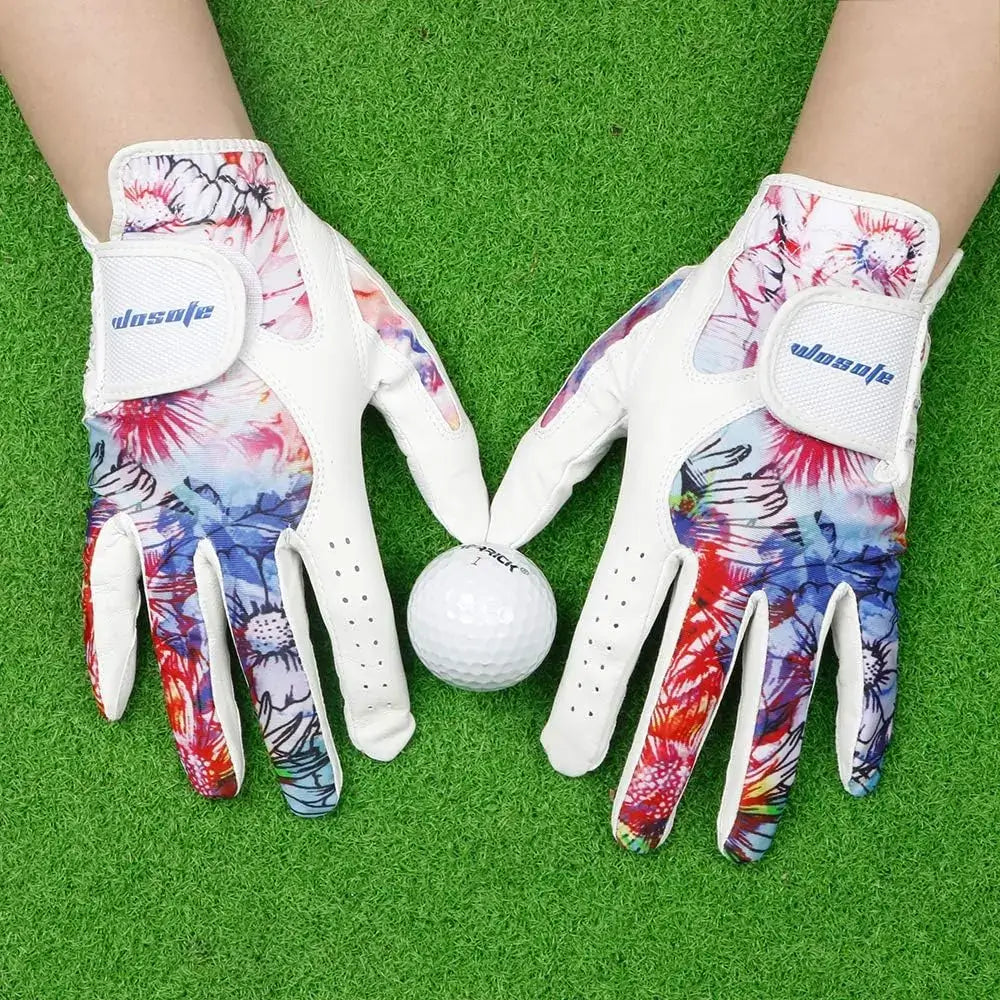 Golf Glove Women Ladies Pair featuring colorful floral design with a golf ball on grass.