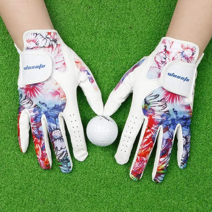 Golf Glove Women Ladies Pair featuring colorful floral design with a golf ball on grass.