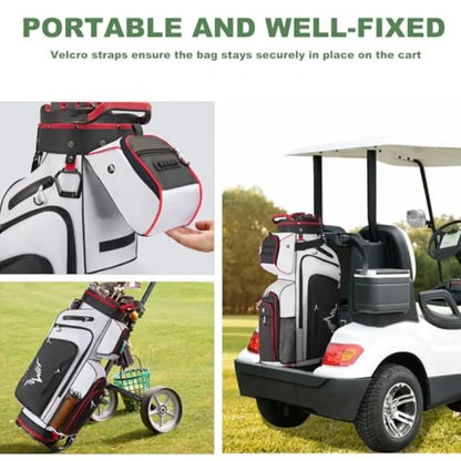 Golf Cart Bag with 14-Way Full-Length Dividers securely attached to a golf cart with Velcro straps for stability.