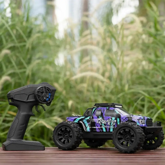 Lithium Battery RC Truck with remote control in outdoor setting, showcasing vibrant design and durable build.