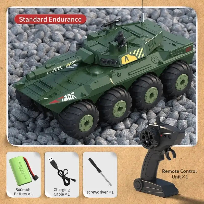 Large Rc Tank Buggy Car on gravel with remote control accessories and 500mAh battery, perfect for kids and hobbyists.