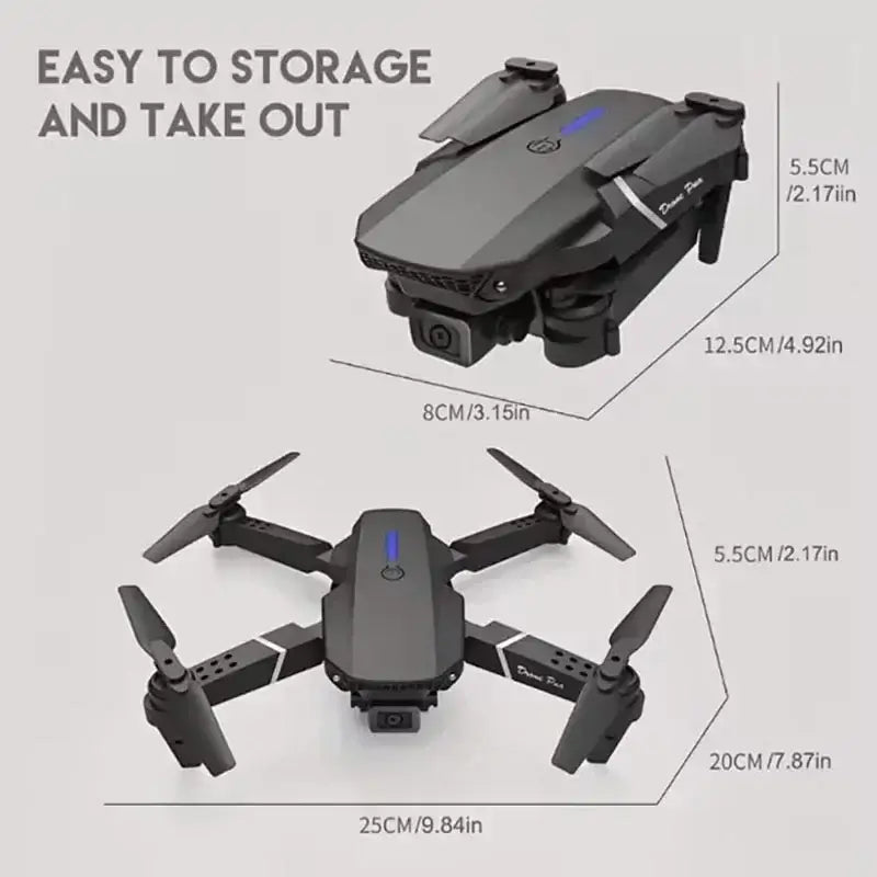 4K dual camera RC drone dimensions showing easy storage and portability features