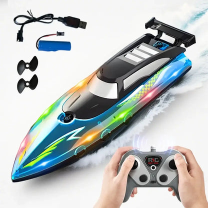 High speed remote control boat illuminated with LED lights, dual motors for fast water racing, includes remote control.