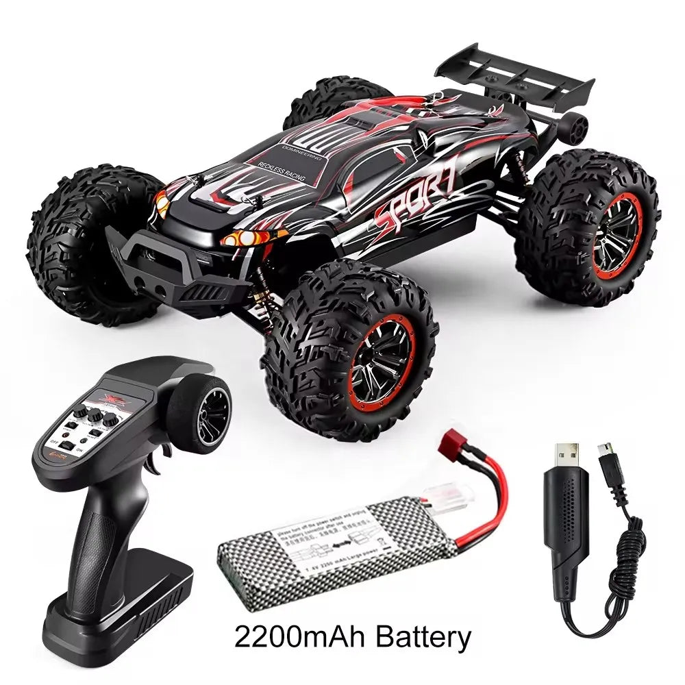 high-speed off-road RC car with remote control and 2200mAh battery, designed for rough terrains and high-speed performance.