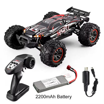 high-speed off-road RC car with remote control and 2200mAh battery, designed for rough terrains and high-speed performance.