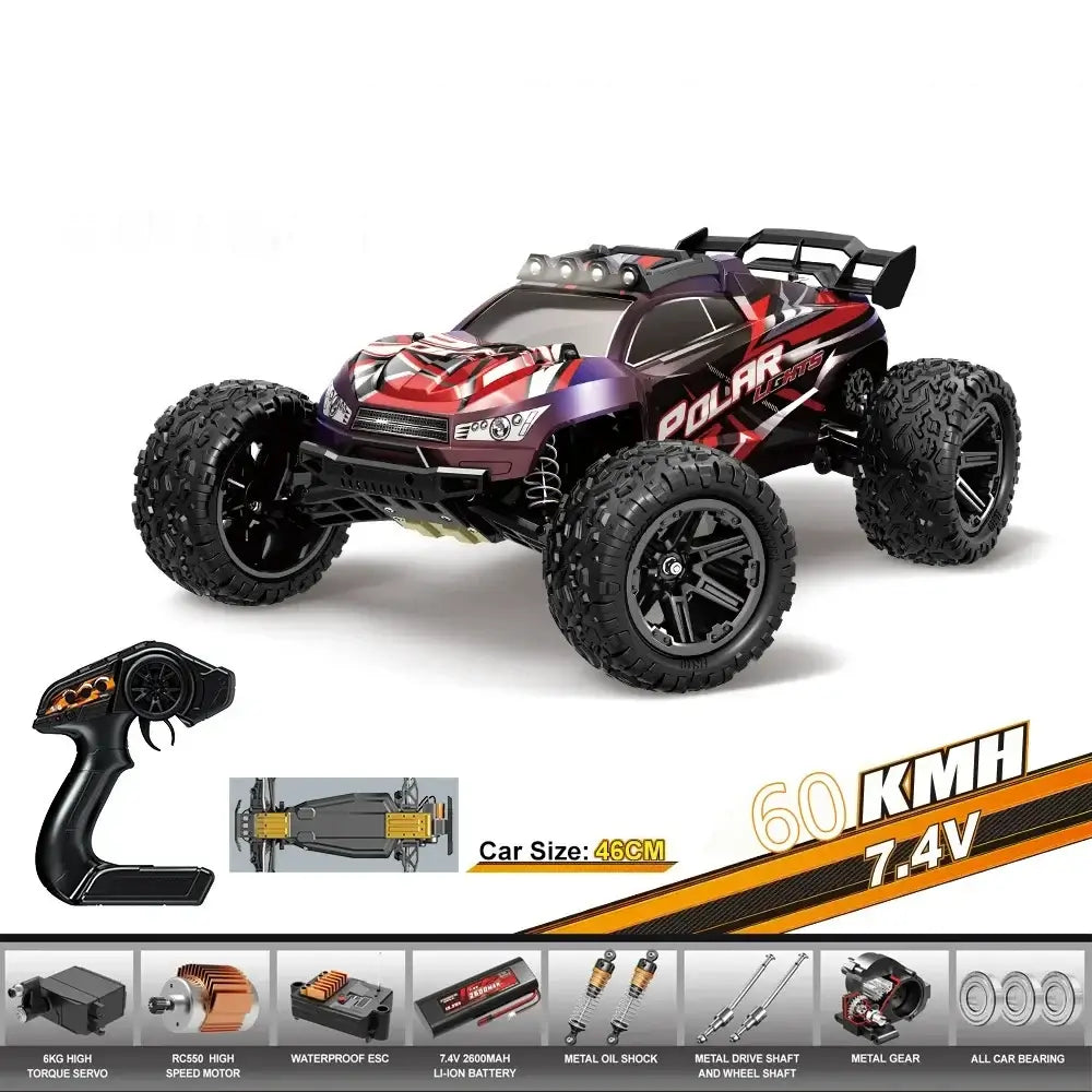 18 Large Size RC Car 60KMH with remote control and off-road tires, ideal for high-speed racing and drifting.