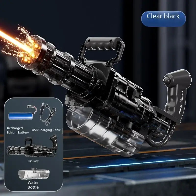 electric water cannon for adults with clear black design, rechargeable battery, and water bottle attachment.