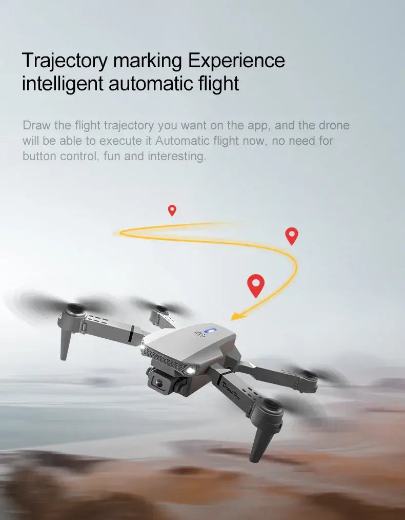 New E88 RC Drone demonstrating trajectory marking and intelligent automatic flight features in a scenic background.