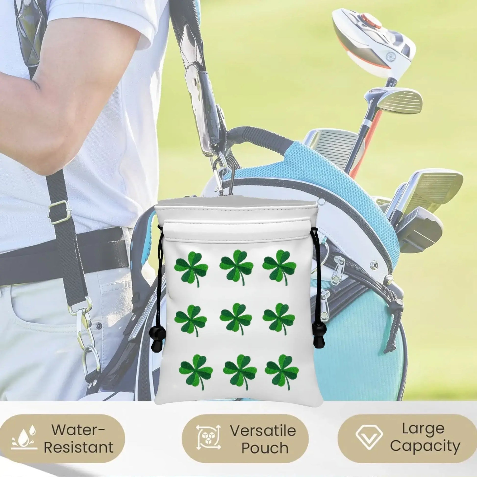 Golf valuables pouch with embroidered clover design, water-resistant and large capacity, perfect for keeping valuables secure.