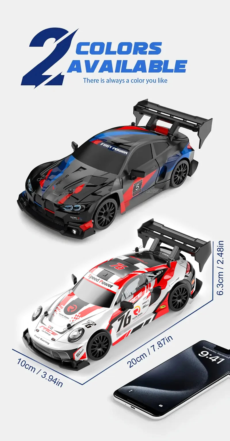RC drift cars for kids available in two colors, showcasing 1:24 scale designs with detailed features.
