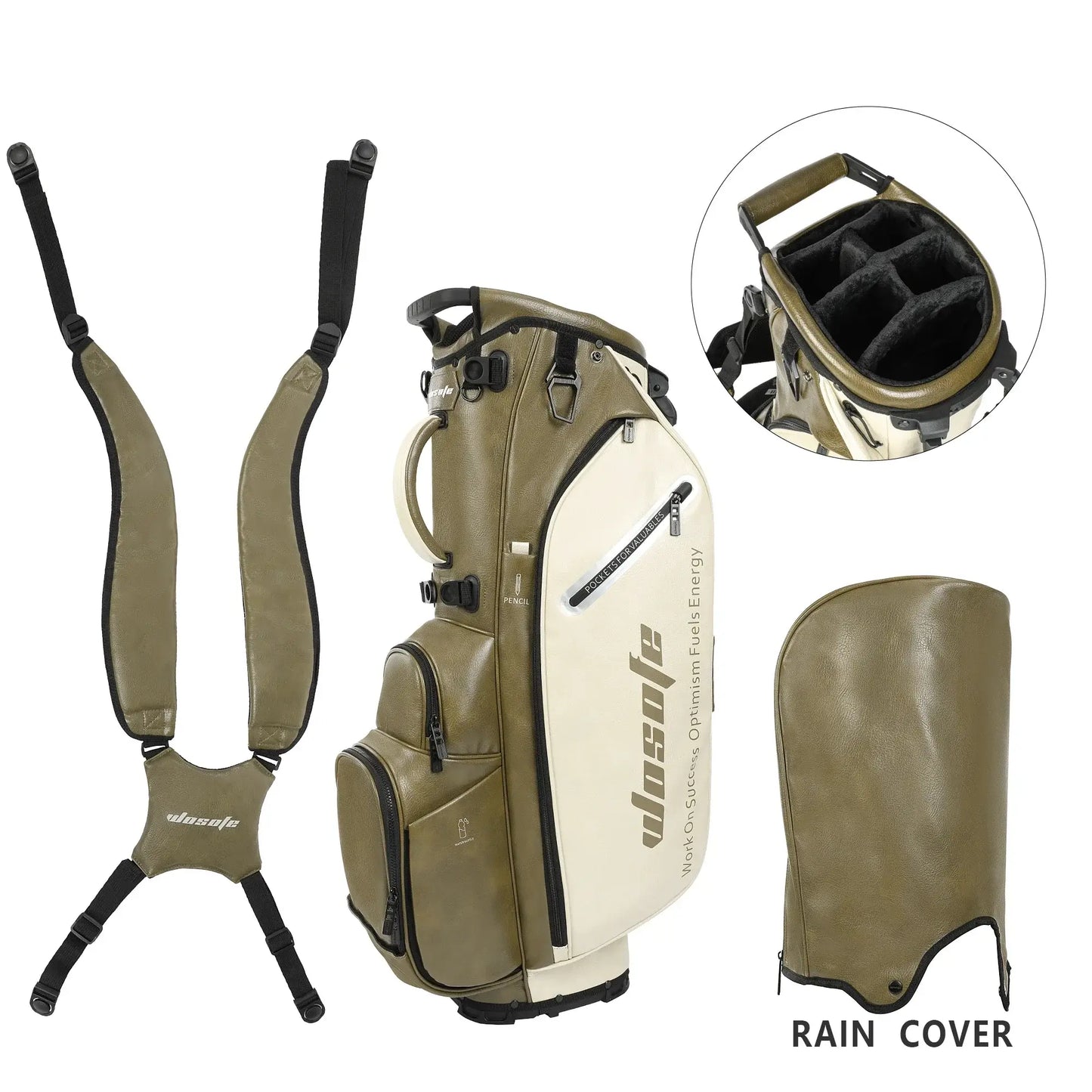 Golf Stand Bag for Men & Women PU Material with rain cover and adjustable straps for comfort and functionality.