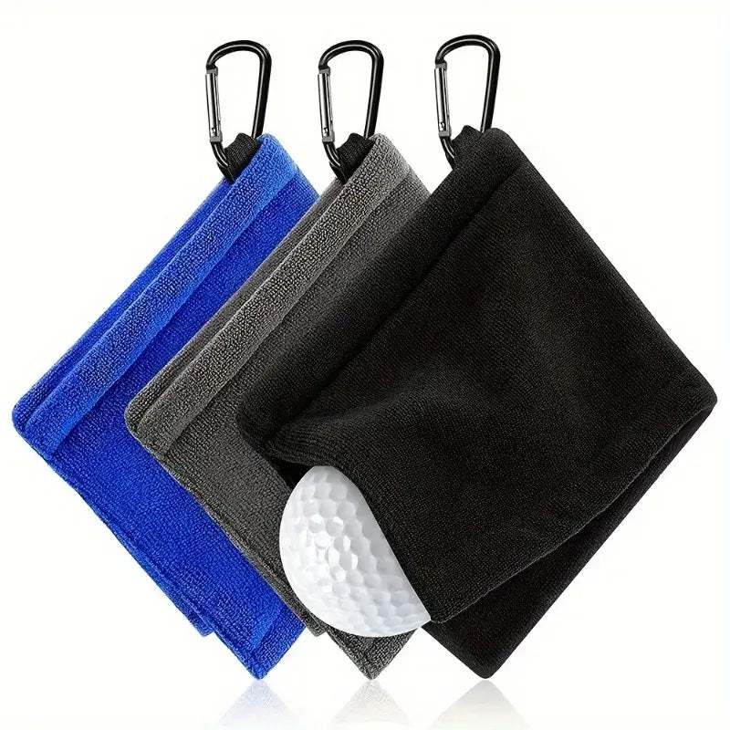 1pc Golf Towel Golf Cleaning Towel set with blue, gray, and black towels hanging from hooks, includes ball for cleaning.