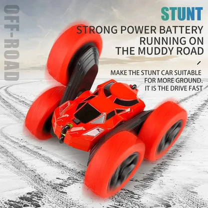 RC Stunt Car Children Double Sided performing on muddy ground with strong power battery and off-road capabilities.