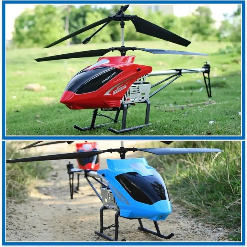 RC Helicopter 80cm Extra Large in red and blue on the ground, showcasing their robust design and impressive size.