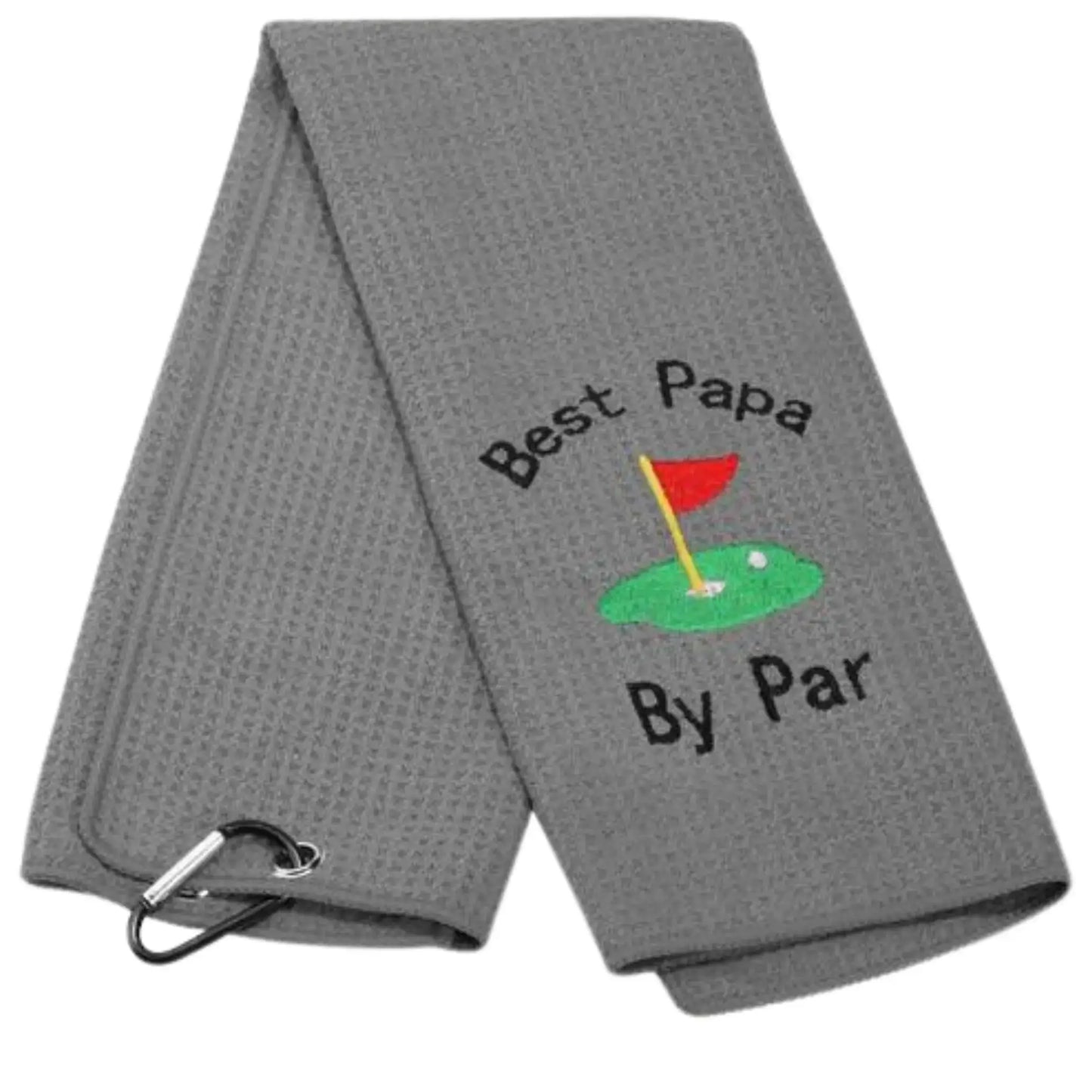 Microfiber Premium Golf Towel, Embroidered Golf Towels with 'Best Papa By Par' design and carabiner clip.