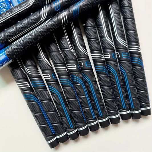 13 piece high peak grip rubber iron wood rod with anti slip, featuring black and blue textured grips.