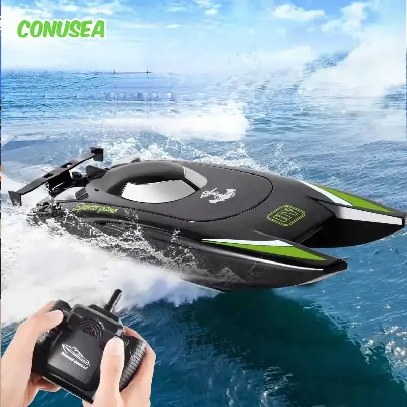Radio RC Boat 30Kmh Racing Boat High Speed navigating on water with remote control in hand.