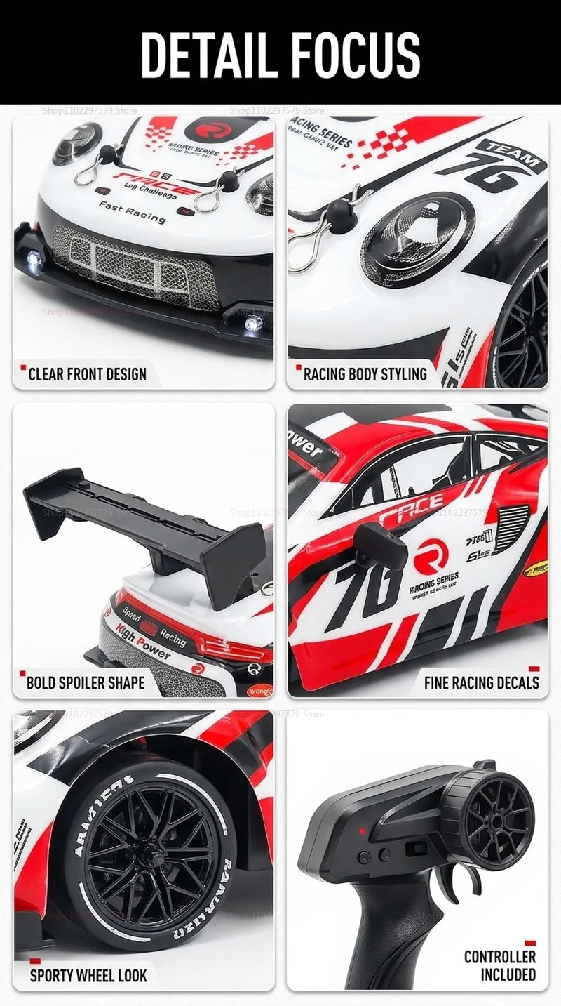 Detail focus on RC drift cars for kids including clear design, bold spoiler, and controller included.