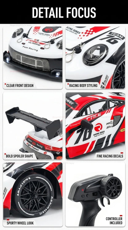 Detail focus on RC drift cars for kids including clear design, bold spoiler, and controller included.