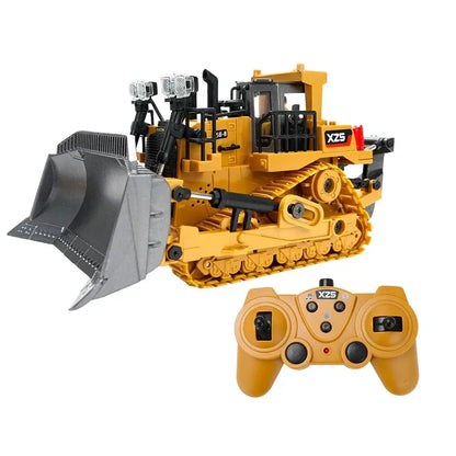 RC bulldozer remote control truck with a detailed yellow design and wireless controller.