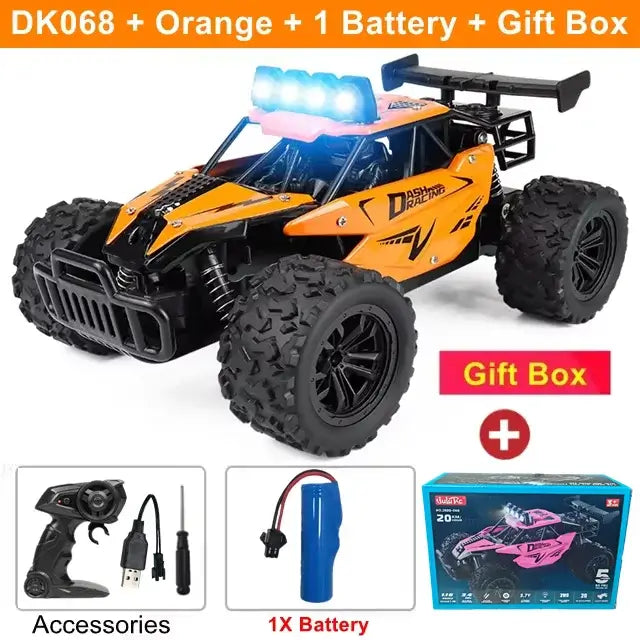 116 RC Car Remote Control Car in orange with battery and gift box, showcasing off-road capabilities and sleek design.