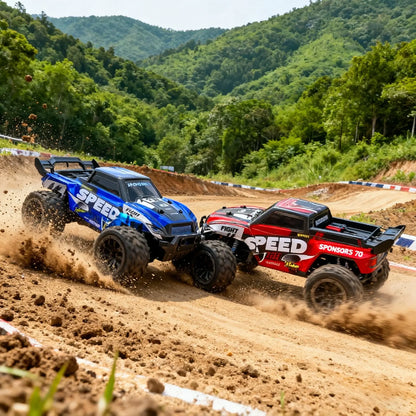 four wheel drive remote control truck racing on dirt track with mountainous background